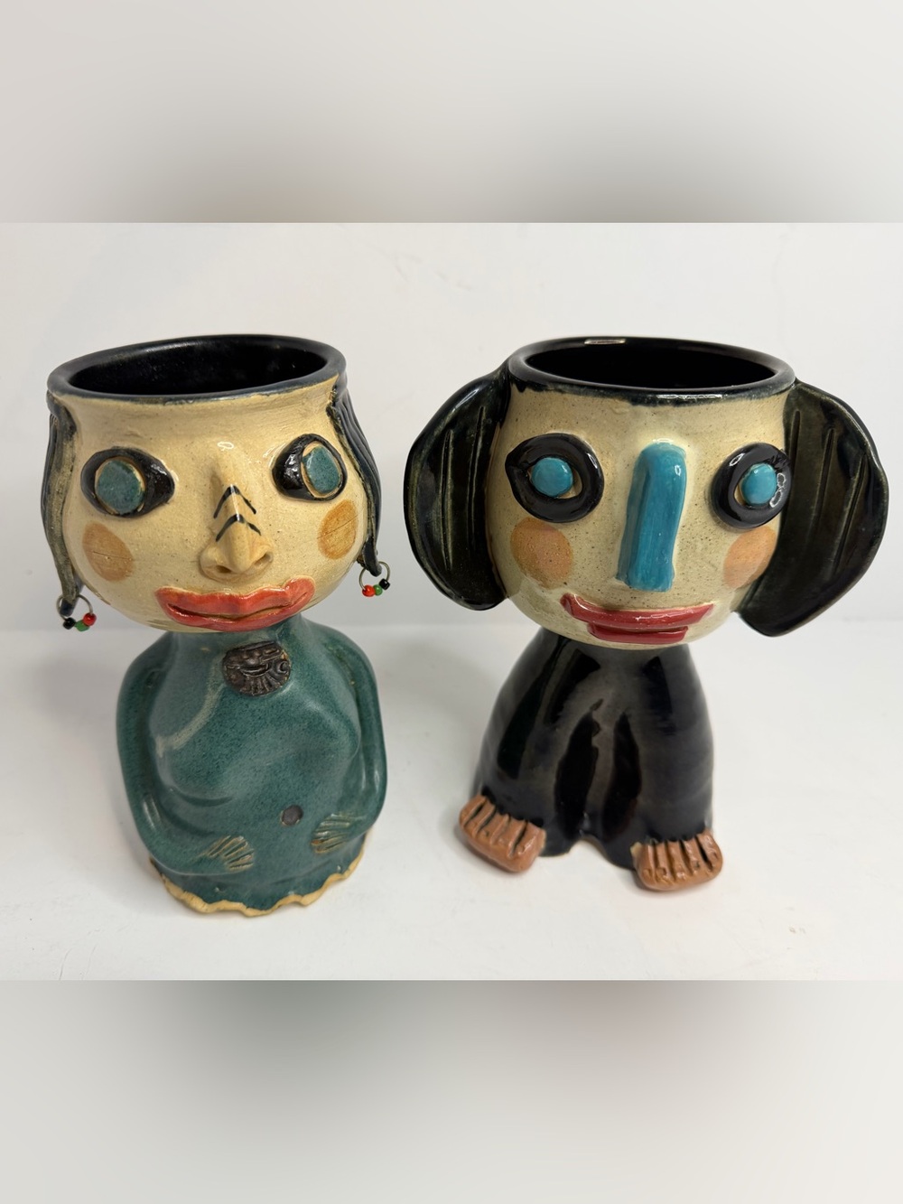Handmade Folk Art Ceramic Face Cups Goblets Planters | Set of 2